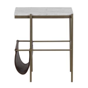 Allison Marble Top Leather Pocket Iron End Table – White / Gold