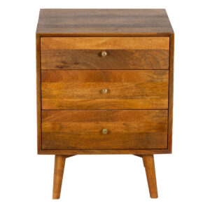 Mid Century Mango Wood Side Table with 3 Drawers