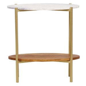 Olga Acacia Wood Oval Side Table Marble Top Gold
