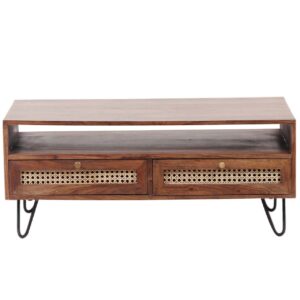 Palma Acacia Wood Weaved Cane Coffee Table With Hair Pin Legs